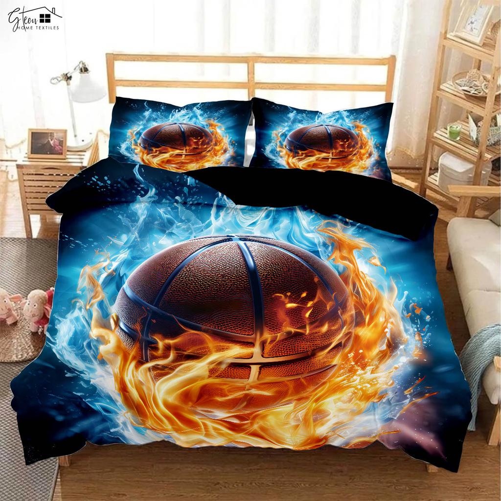 3D-печатное постельное белье с принтом "Огненный Череп и Баскетбол" Пододеяльник Наволочка Комплект из трех предметов Мягкий и удобный Пододеяльник