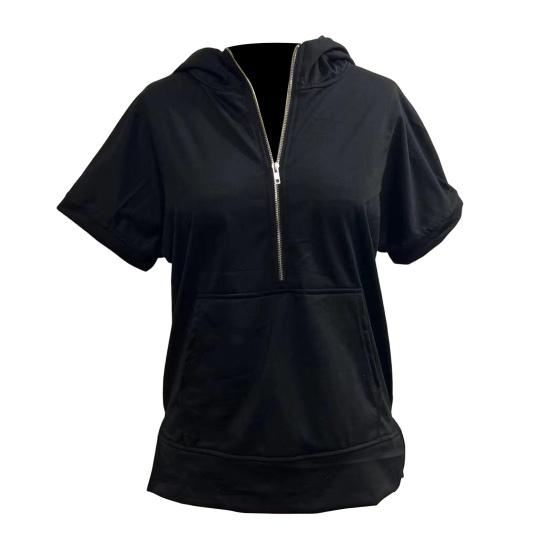 Summer Women Hoodie Half Zipper Short Sleeves Solid Color Pullover Loose with Pocket Casual