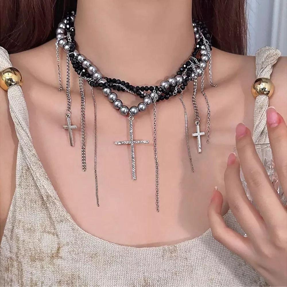 Multi-Layer Pearl Necklace Spice Girl Cross Pendant Necklace New Women's Choker