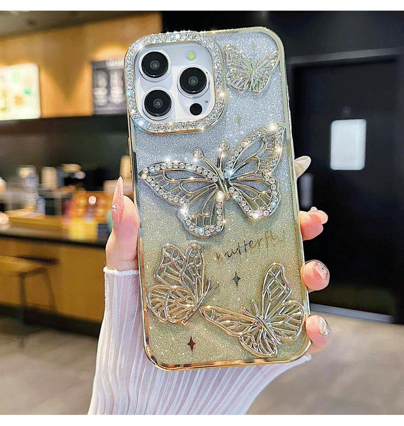 Women Girl'sTransparent Plating Soft Silicone Cover Diamond Butterfly Phone Case for iPhone 16 15 14 13 12 Pro Max