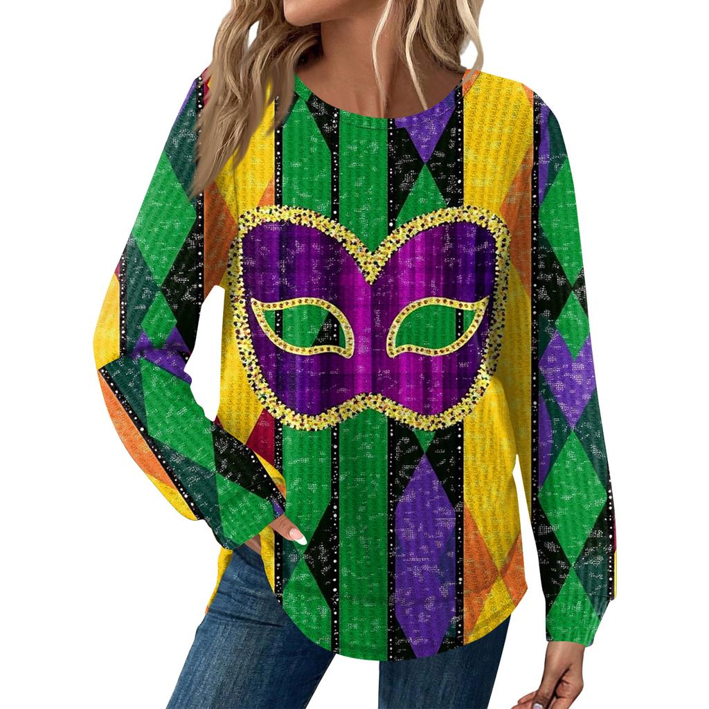 Women's Fashion  Loose Long Sleeve Carnival Print  Round Neck Casual Top