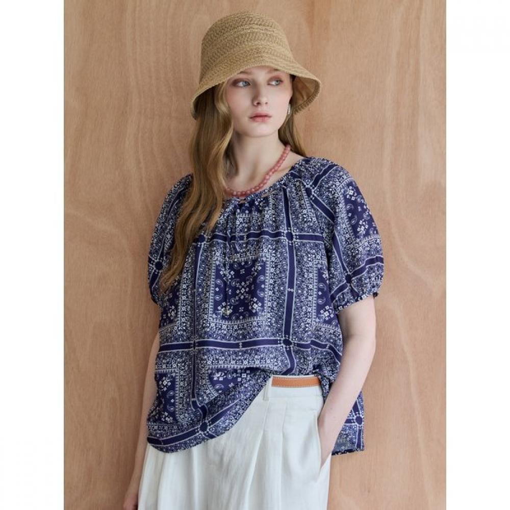 Maxza Paisley Flower Ribbon Puff Blouse
