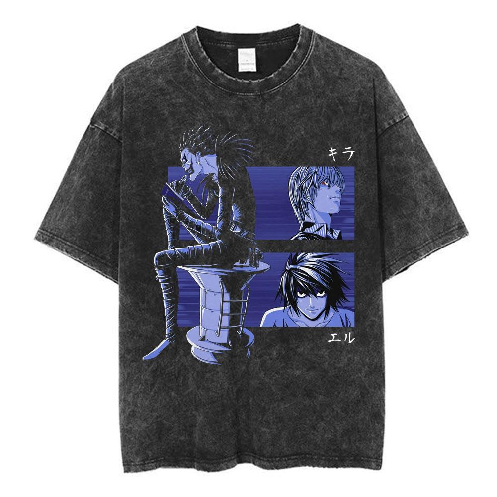 Винтажная стираная аниме манга Т-shirt с логотипом Death Note Мужская Женская Печатная футболка Летняя Повседневная Модная одежда Топы Высокое качество Streetwear