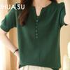 Women's Summer Thin New Solid Colour Line Short Sleeve Knitted T-Shirt V-Neck Pullover Loose Half Sleeve Vest Top Cotton Line T-shirt