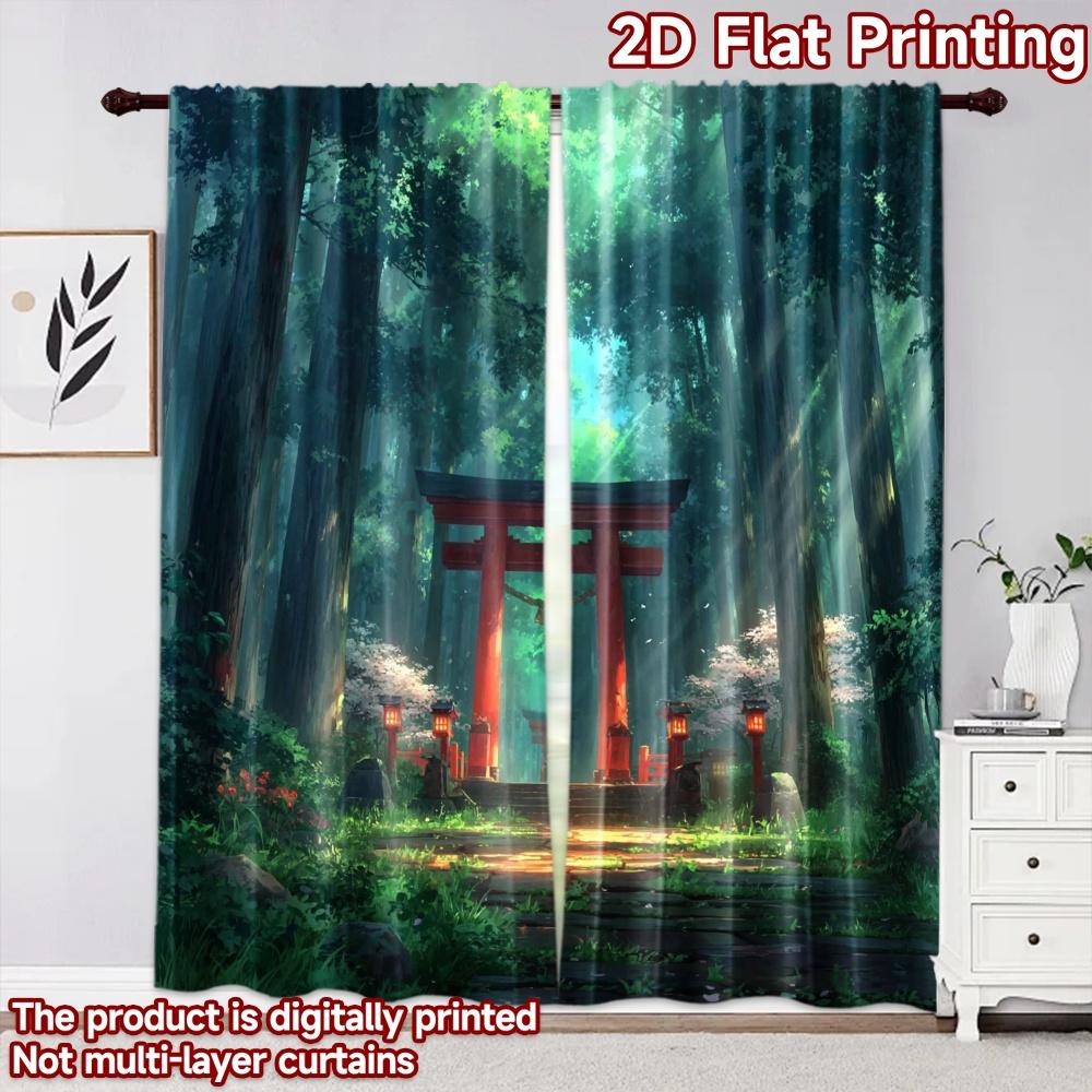2D flat printing 2pcs Curtain Curtains Forest Red Torii Gate Digital Printed Polyester Drapes Birthday Party Use for Indoor