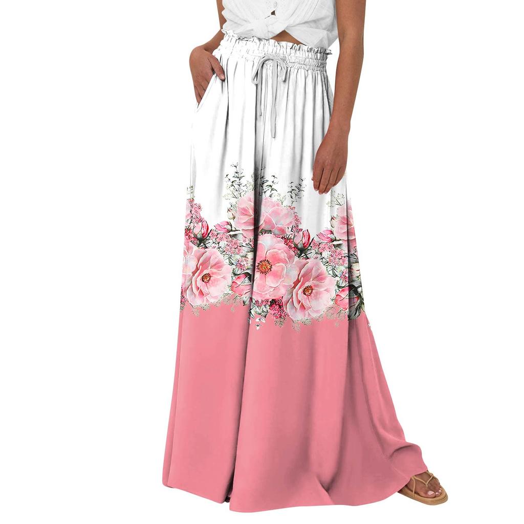Women's Palazzo Pants Boho Floral Wide Leg Trousers Summer Beach High Waisted Flowy Pants With Pockets