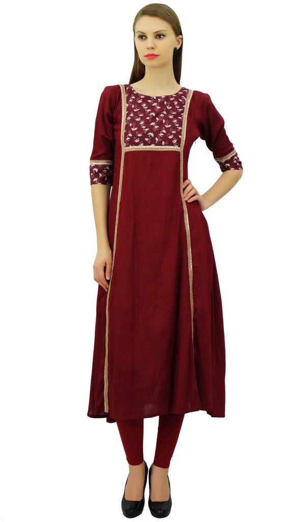 Bimba Жен. Однотонный трапеция Вискоза Kurti Кружева Kurta 3 4 Без рукавов Дизайнерский этнический стиль