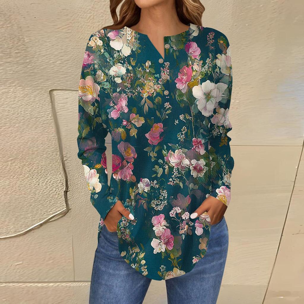 Модная свободная футболка с длинным рукавом и цветочным принтом на пуговицах, топ-пуловер