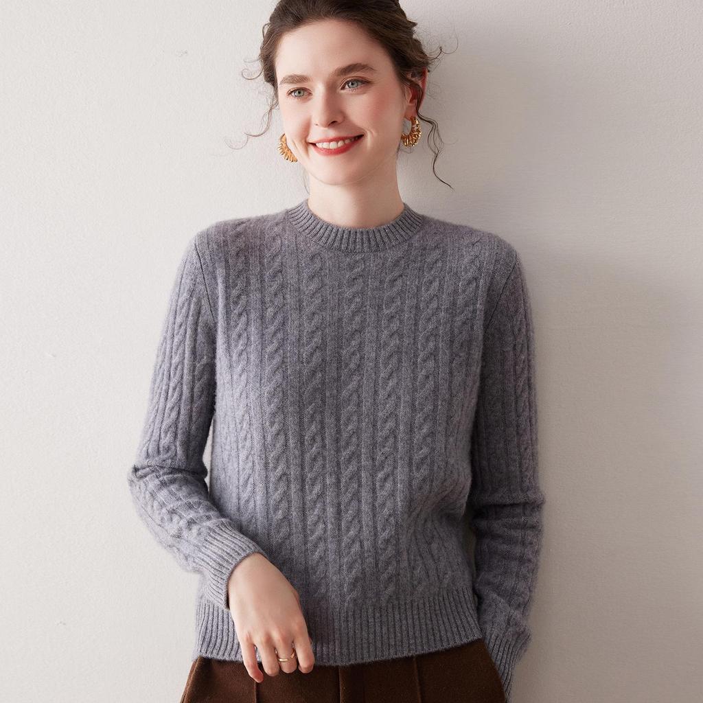 Women's Soft Cashmere Bamboo Leaf Sweater - Double-Strand, Round Neck, Perfect for Autumn and Winter