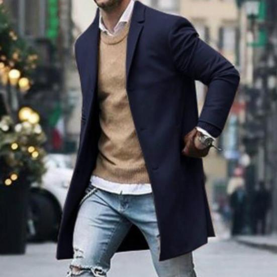 Мужская ветровка с лацканами, длинный рукав, однобортная теплая верхняя одежда с карманами, однотонная куртка средней длины, пальто