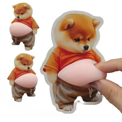 Забавная 3D наклейка на живот собаки Сиба-ину, игрушка-пищалка, милый щенок в оранжевом наряде, антистресс-игрушка, самоклеящийся силикон, подарки для детей