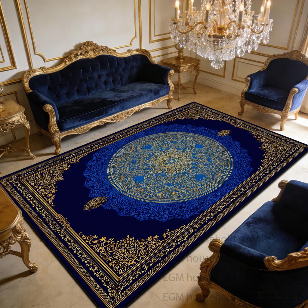 European Blue Gold Carpet Luxury Home Decoration Aesthetics Customizable Foldable Mat Sofa Table Non-slip Lounge Rug Washable