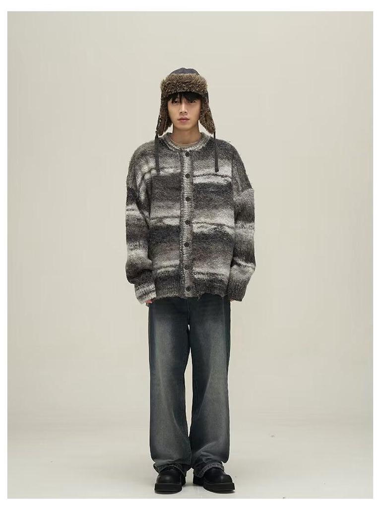 Мужской осенне-зимний кардиган в ретро-полоску - Свободный крой, Повседневный стиль