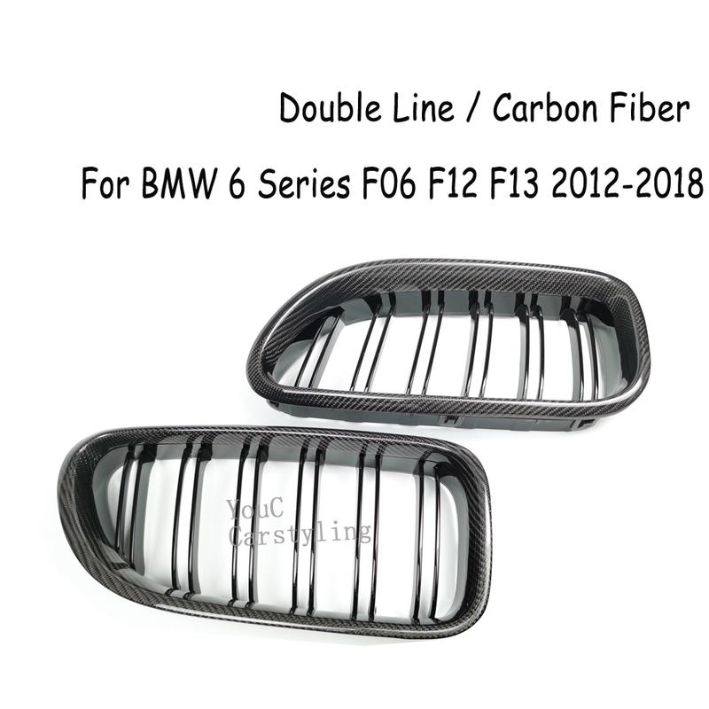 F06 Real Carbon Fiber +ABS Double Line Grills Front Bumper Grille For BMW 6 Series F06 M6 F12 F13 2012-2018 630i 640i 650i