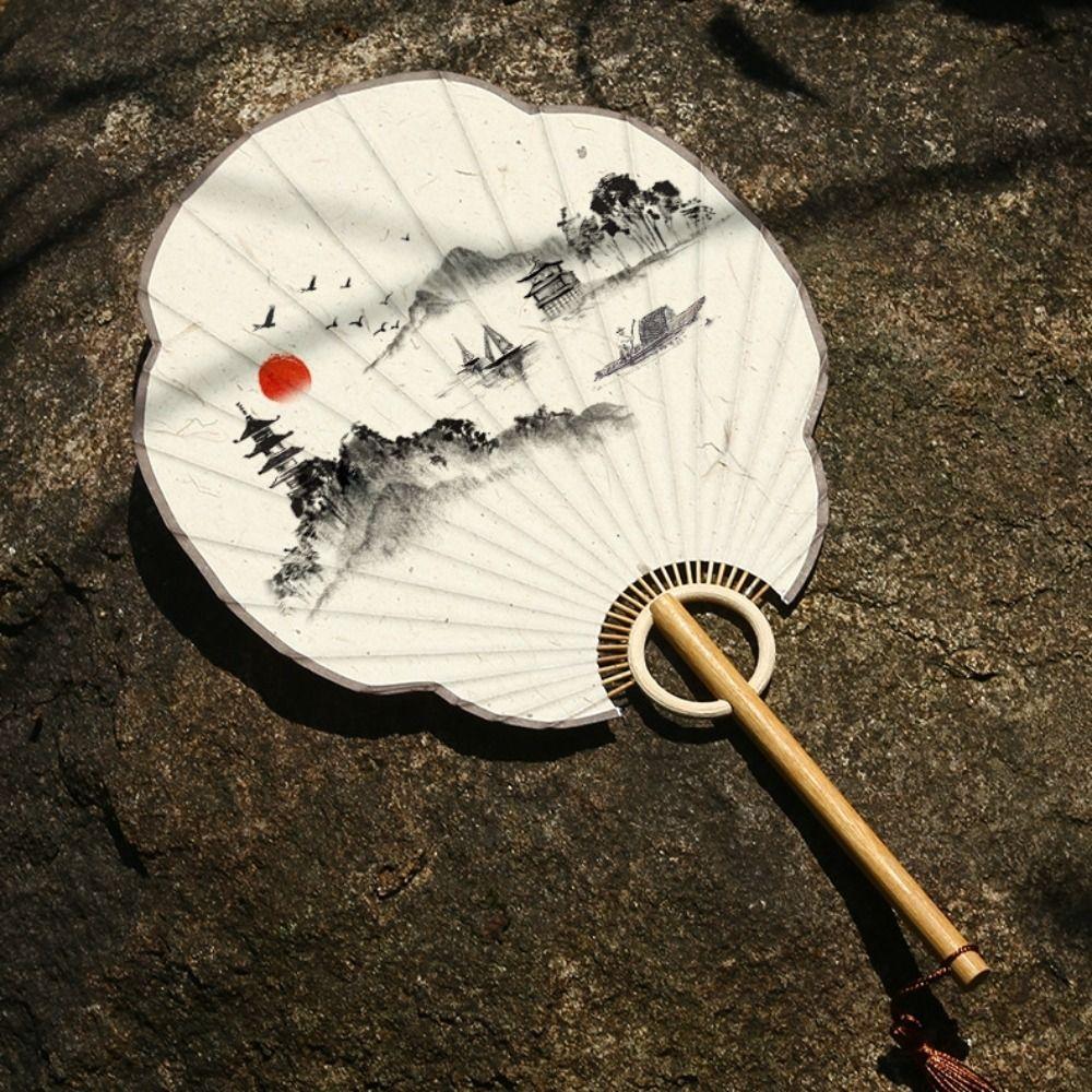 Handmade Japanese Style DIY Fan Bamboo Handle Round Fan Hand Painted Fan  Painting Creation