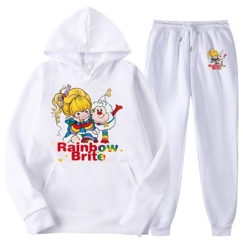 Комплекты спортивных костюмов для мужчин и женщин с принтом Rainbow Brite, повседневная толстовка с капюшоном и брюки, комплекты из 2 предметов, толстовка большого размера, модная одежда унисекс