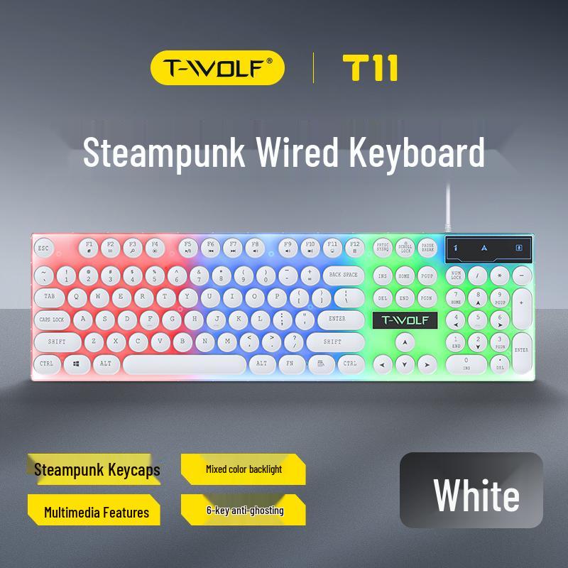 Игровая клавиатура T-WOLF T11 с ретро-круглыми клавишами, проводная USB, с подсветкой