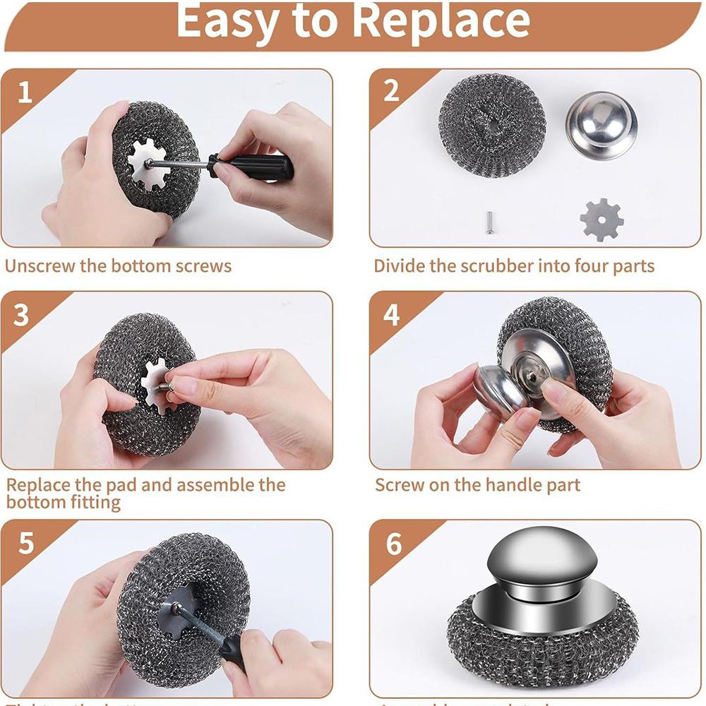 6Pcs Steel Wool Scrubber with Replacement Wire Pads Set(1 Scrubber+5 Pads)