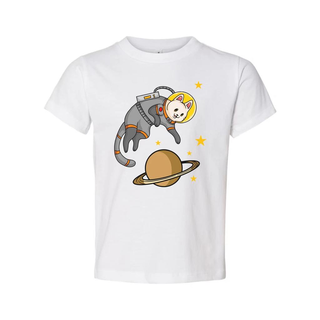 Unisex Space Cat Astronaut Graphic Tee Featuring Saturn Planet And Starry Space