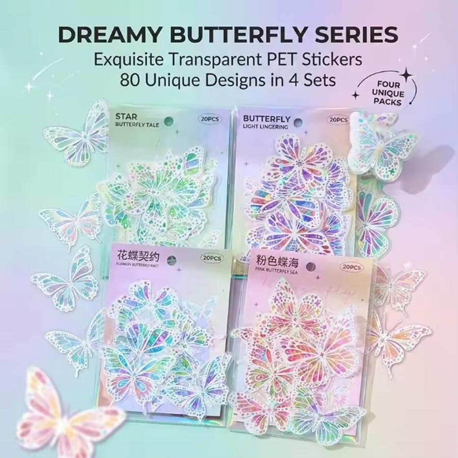 20Pcs Butterfly Scrapbook Stickers Kit Holographic PET Transparent Waterproof Stickers Set for Junk Journal Journaling