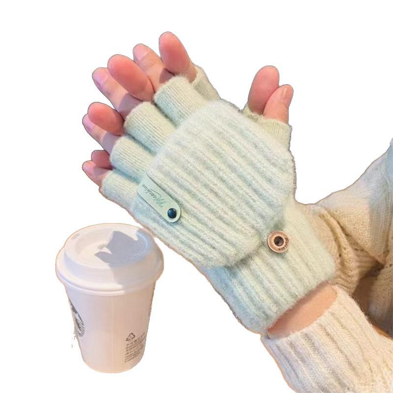 Women's Autumn/Winter Half-Finger Plush Flip Gloves: Warm Knitted, Cold-Proof, Cycling, Touchscreen Compatible