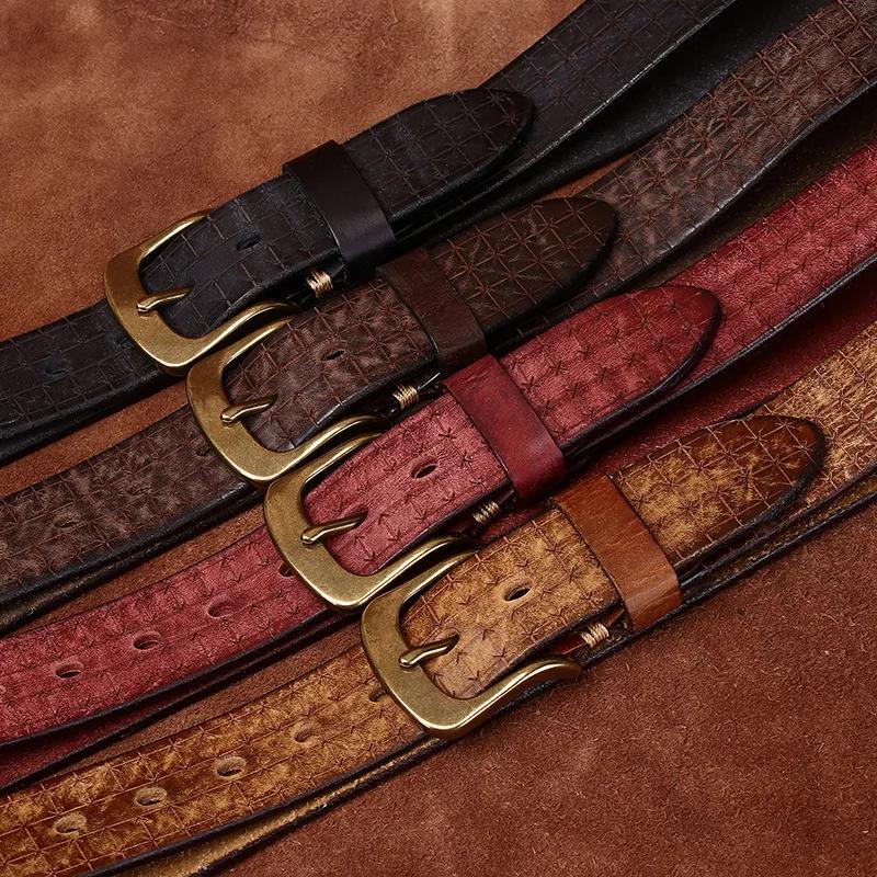 3.8CM High Quality Pure Cowhide Genuine Leather Men's Brass Buckle 5.5mm Thick Belts Retro Jeans Waistband Male Belts for Men