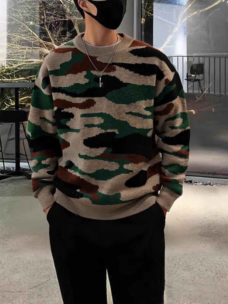 Korean Camouflage Round Neck Sweater: 2025 Autumn/Winter Men's Casual Knitwear Fashion.