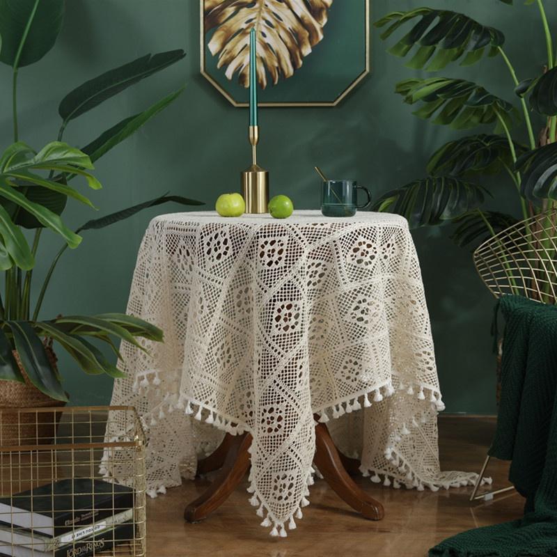 Round Hollow Tassel Knitting Tablecloth Decorative Crochet Tablecloth Outdoor Picnic Dining Table Cover Home Decor Beige