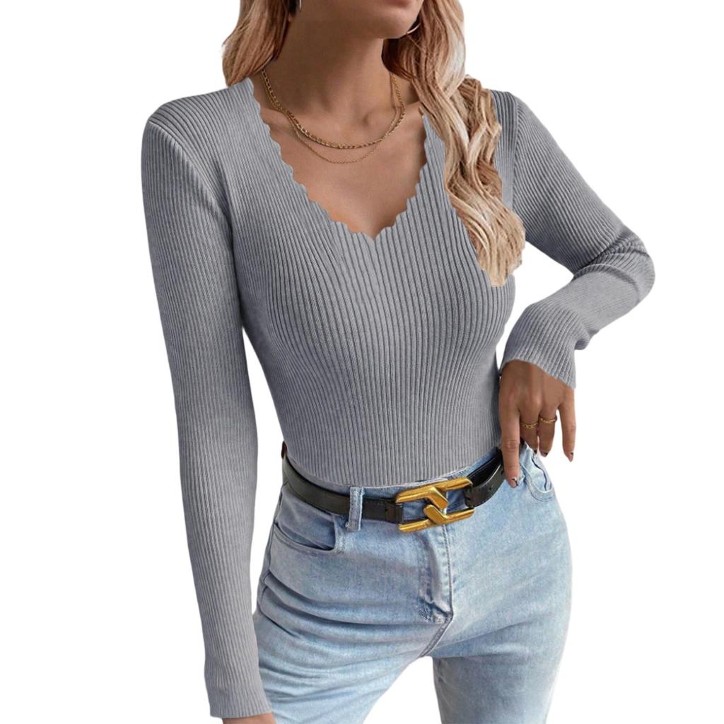 Women's V-neck Solid Color Long-sleeved Pullover Knitted Sweater Bottoming