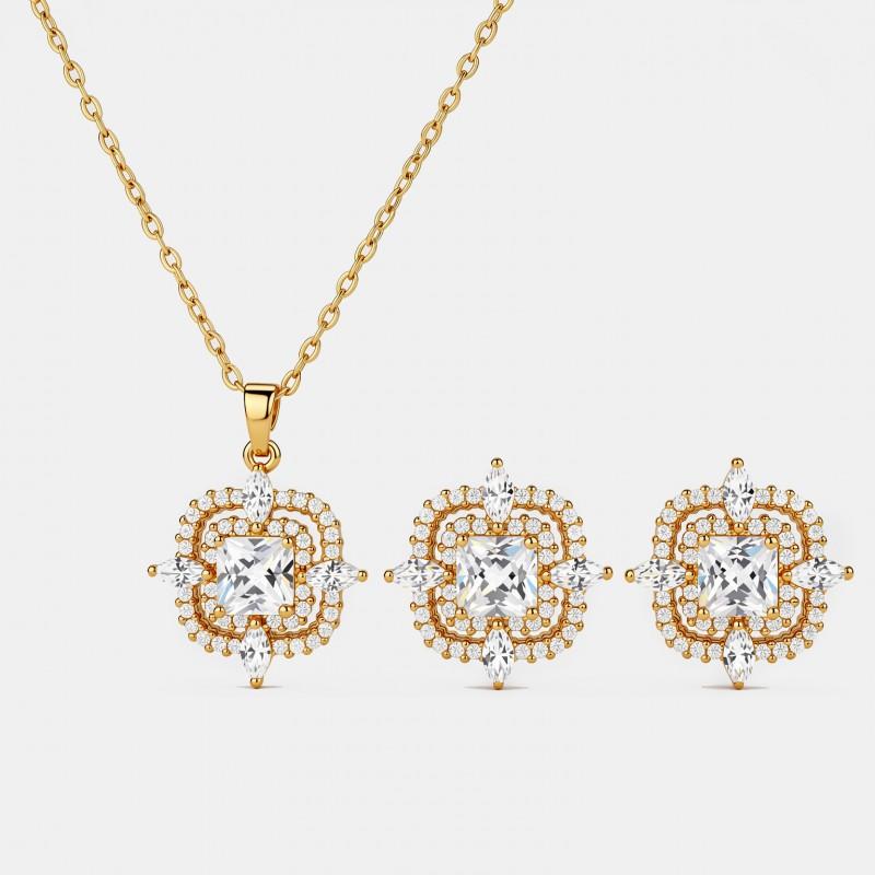 Gold Plated Copper Clover Pendant Jewelry Set O-Chain Earrings Women