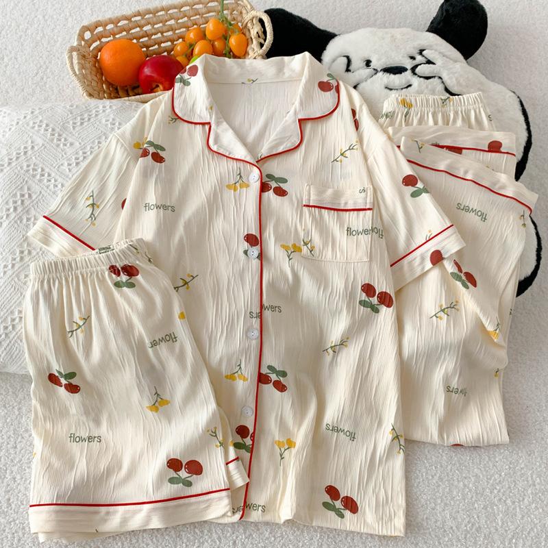 Пижама Сладкая Вишня Женская Летняя с Коротким Рукавом Кардиган Домашняя Одежда Набор из Трех Предметов Можно Носить На Улицу