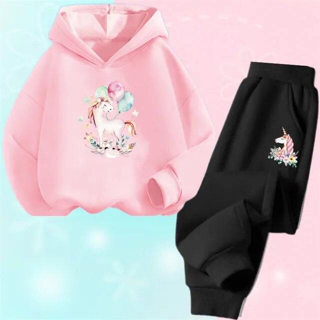 Хлопковый костюм с капюшоном из мультфильма единорога и пони для девочек, толстовки и штаны, комплект из двух предметов, весенне-осенняя спортивная одежда для детей 3-14 лет