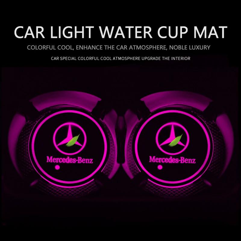 BTT1 1pcs Car Accessories Led Car Logo Cup lights Smart Luminous Water coaster For Mercedes benz AMG A B R G Class GLK GLA C200 E200