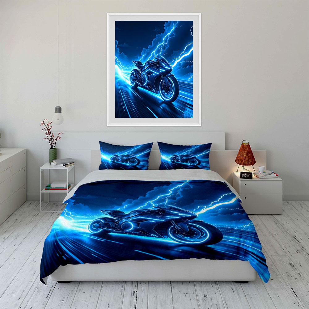 Futuristic Motorcycle Art Decor Set Soft Skin-Friendly Bedding Set Includes 1 Duvet Cover + 2 Pillowcase,Motorcycle lover Gift