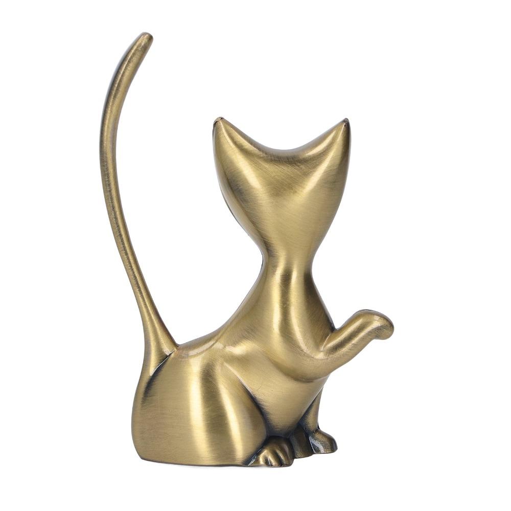 Handcrafted Cat Ring Holder Solid Brass Feline Sculpture Cat Statue Home Office Decor