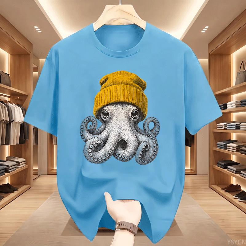 Cute Octopus Beanie T Shirt Ocean Animal Tshirt Vintage Octopus Tees Casual Round Neck Printed Cotton Short Sleeve Tshirts Tops