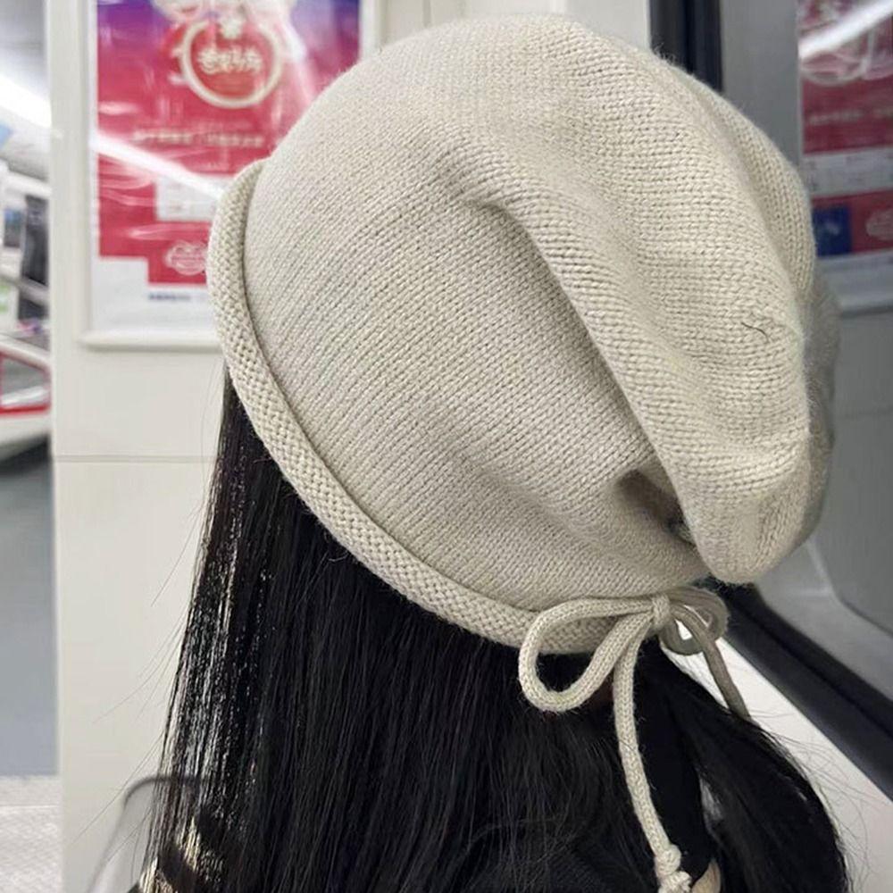 Ear Protection Drawstring Wool Cap Sweet Winter Knitted Cap Solid Color Pullover Hat  Autumn/Winter