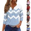 Женская модная повседневная футболка с v-образным вырезом, полосатый топ на пуговицах с семью рукавами и принтом