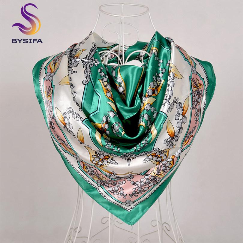 [BYSIFA] Women Scarf New Black Beige Silk Square Scarf Shawl Ladies Dot Prin Winter Scarves Bandana Spring Fall Head Scarfs Blue