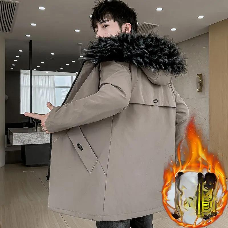 Зимняя куртка с хлопковой подкладкой, мужская куртка средней длины с капюшоном, хлопковая подкладка плюс утолщение из бархата