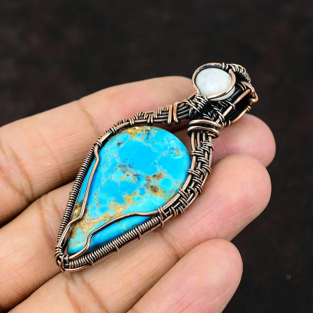 Arizona Turquoise Copper Pendant Copper Wire Wrapped Jewelry Gemstone Wire Jewelry Rainbow Moonstone Jewelry Designer Pendant Gift For Her