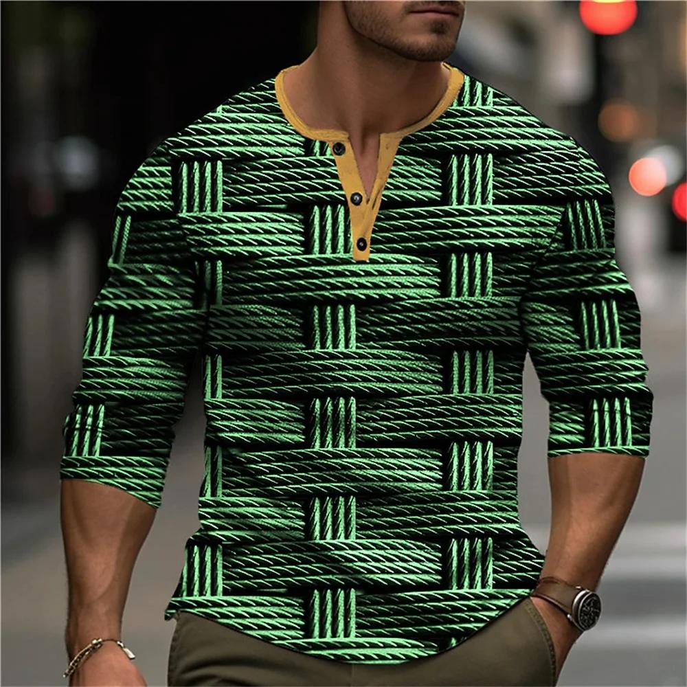 Осенняя рубашка-henley с блоками цвета и пэчворком, 3D-печать, мужская мода, винтажная, на пуговицах, с длинным рукавом, мужские футболки, топы, одежда