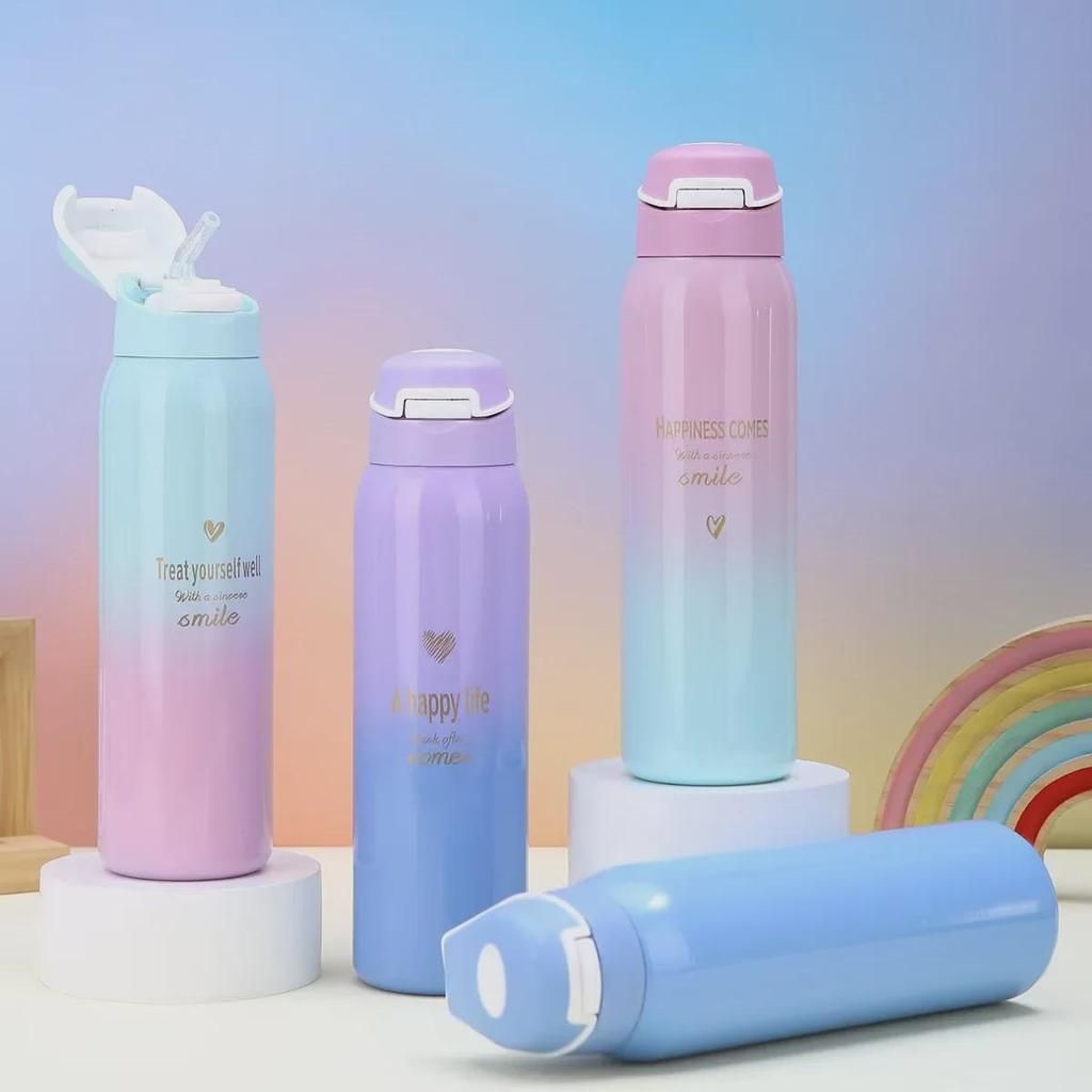 Термокружка с градиентным цветом и трубочкой Duckbill - 500 мл, корейский дизайн, нержавеющая сталь