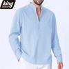 Spring Cotton Linen Shirts for Men Regular Fit Business Casual Blouse Long Sleeve Mandarin Neck Solid Color Fashion Button Design Tshirt