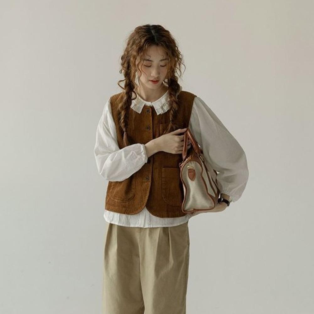 All Match Button-up Short Coats Round Neck Waistcoat Women Simple Vintage Corduroy Vests  Ladies