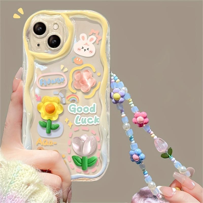 Прозрачный чехол с кремовым волнистым краем для Iphone 15 Pro Max 11 12 13 14 Pro Max 7 8 Plus XR XS X 13 Mini, чехол с 3D-цветком и животным, с ремешком для телефона