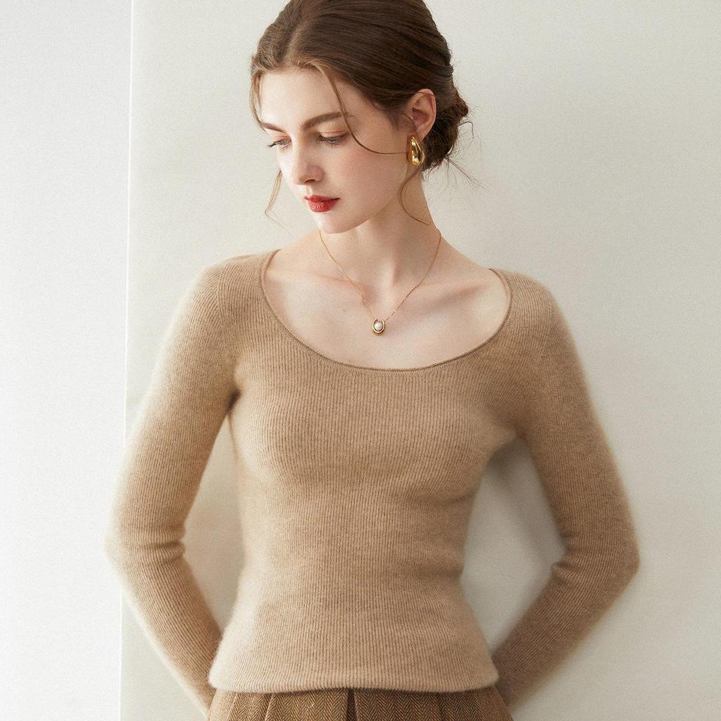 Women's Slim-Fit U-Neck 100% Cashmere Sweater - Low Round Neck Knit Base Layer