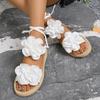 Fashion New 2025 Large-sized Ankle Lace-up Flower-shaped Sandals for Women, Fashionable Woven Strap Beach Flip-flops for Women Shoes