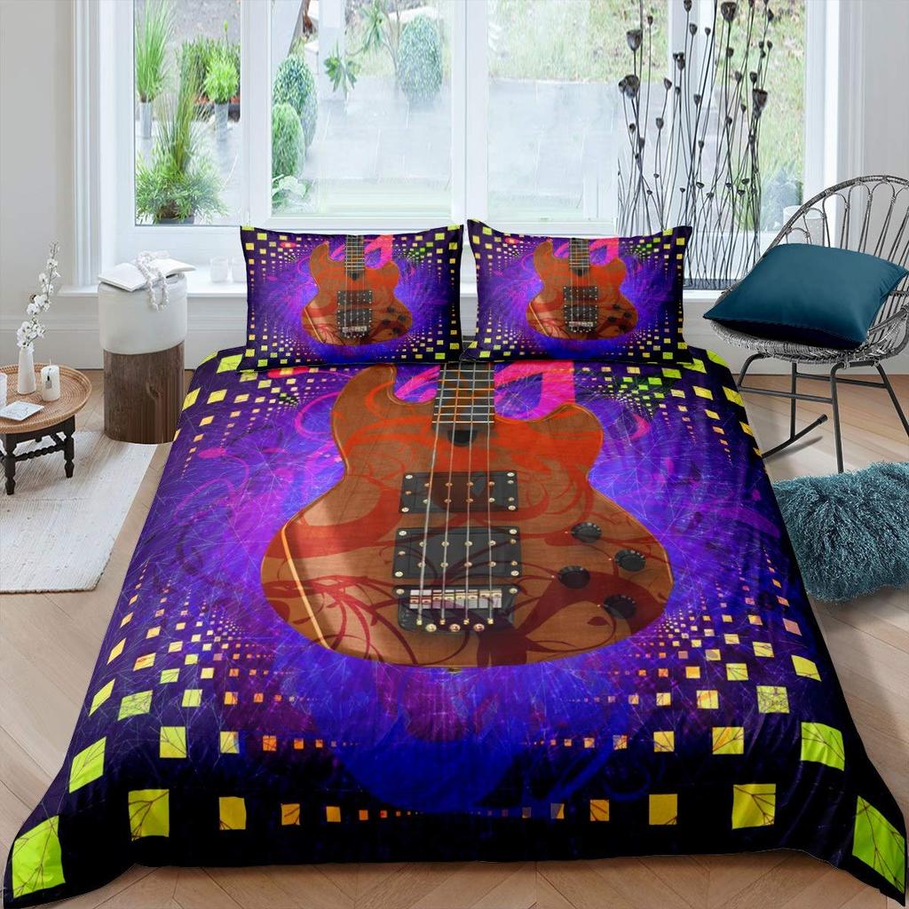 Guitar Duvet Cover Set Music Theme Bedding For Teens Microfiber Vintage Grey Guitar On Wooden Floor Quilt Cover Queen King Size