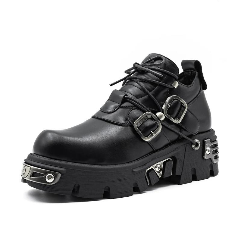 Мода 2025 Новый Темный Панк Стиль Женские Готические Винтажные Рок Ботинки с Резьбой в виде Пламени Кожаная Обувь Металлическая Ниша Низкие Платформы